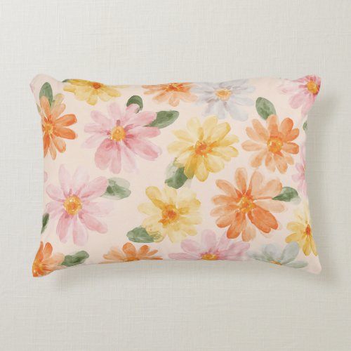 Peach Pink Yellow Blue Flowers  Accent Pillow