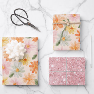 Peach Pink Yellow Blue Flowers Glitter Birthday Wrapping Paper Sheets