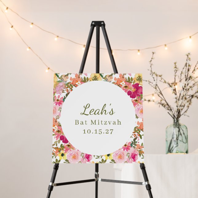 Peach Pink Yellow Floral Bat Mitzvah Custom Name Foam Board (In Situ (Stand))