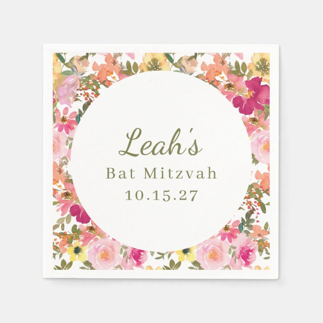 Peach Pink Yellow Floral Bat Mitzvah Custom Name Napkins (Front)