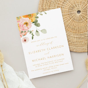 Peach Pink Yellow Garden Floral Bouquet Wedding Invitation