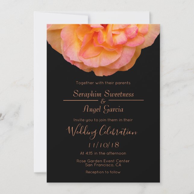 Peach Pink Yellow Rose Design On Black Wedding Invitation (Front)