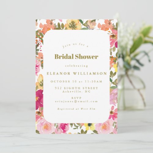 Peach Pink Yellow Watercolor Floral Bridal Shower Invitation