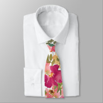 Peach Pink Yellow Watercolor Floral Wedding Neck Tie