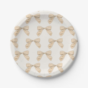 Peach Plaid Bow Elegant Gender Neutral Baby Shower Paper Plates