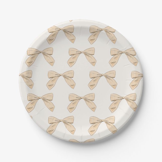 Peach Plaid Bow Elegant Gender Neutral Baby Shower Paper Plates (Front)