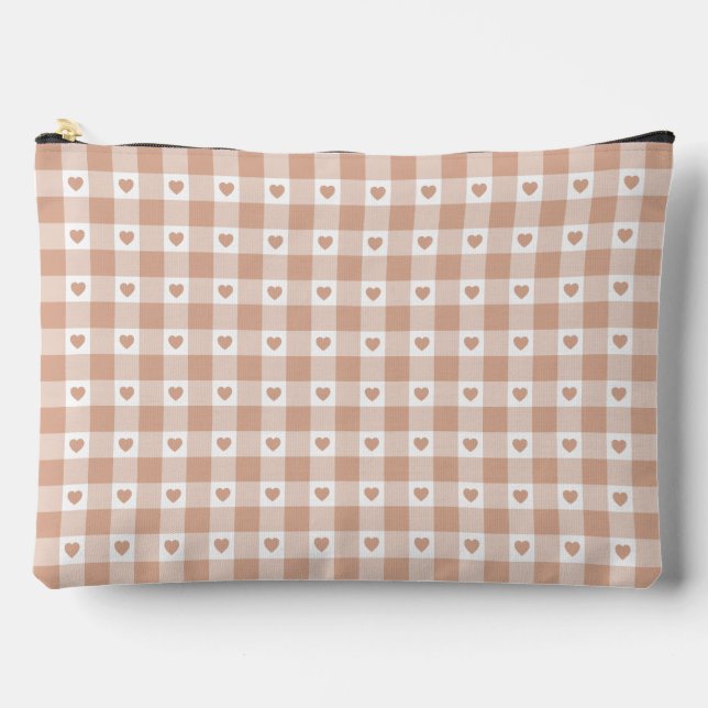 Peach Plaid Heart Gingham Retro Color Accessory Pouch (Front)