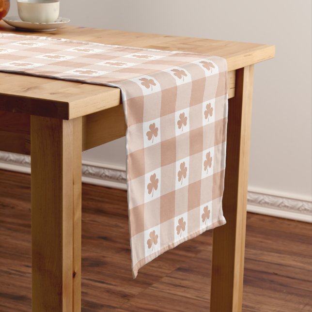 Peach Plaid Shamrock Clover Retro Table Runner (In Situ)