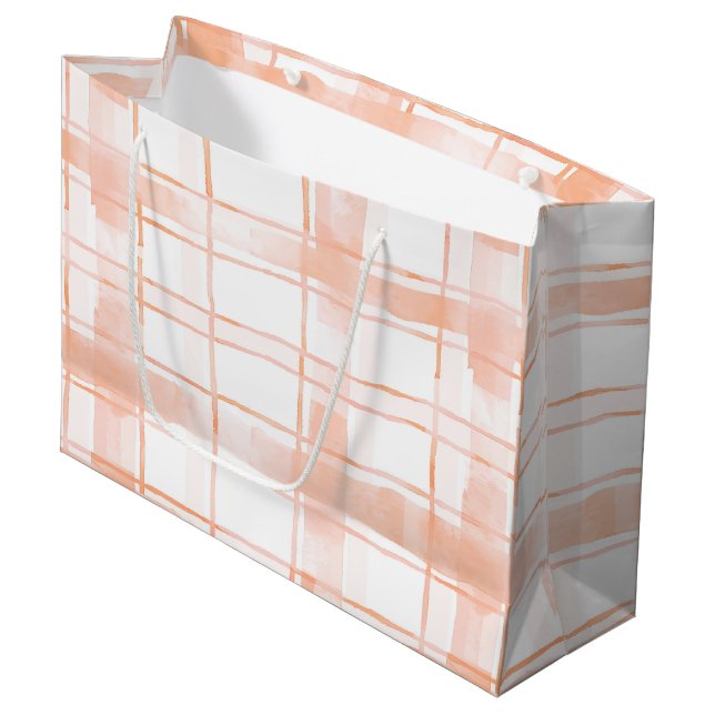 Peach Plaid Stripes Birthday Large Gift Bag (Front Angled)