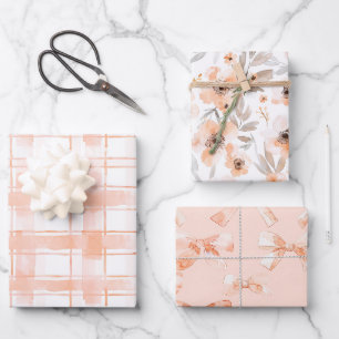 Peach Plaid Stripes Bows Floral Birthday Wrapping Paper Sheets
