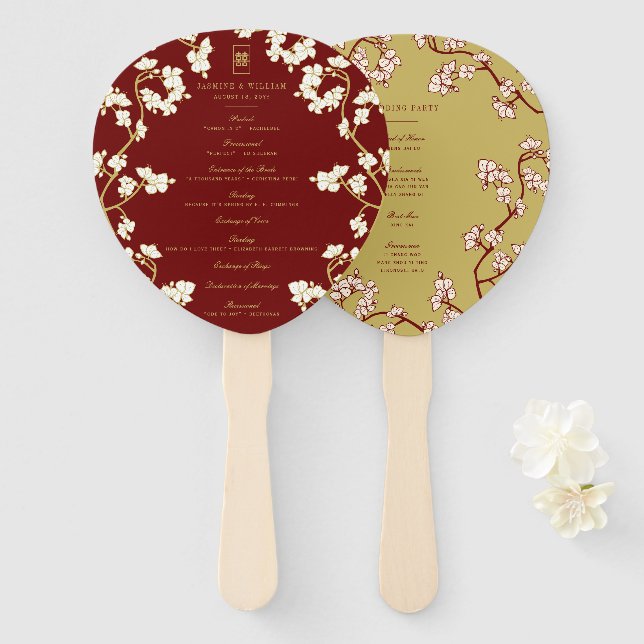 Peach/Plum Blossoms Double Xi Wedding Program Hand Fan (Front and Back)
