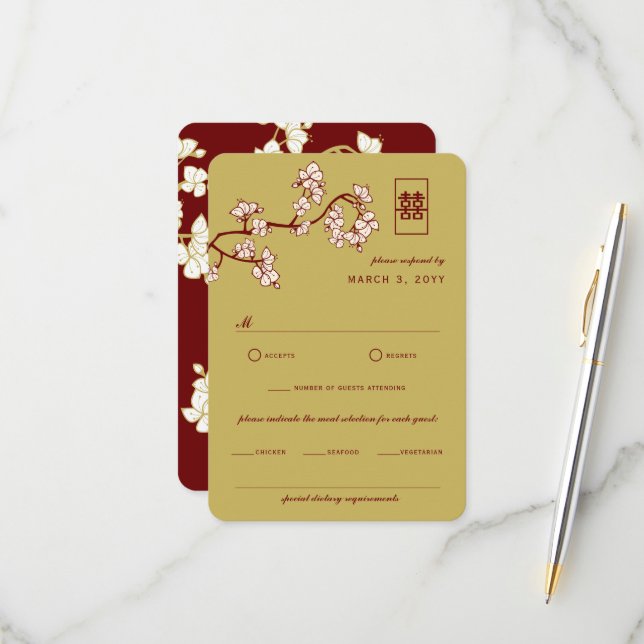 Peach/Plum Blossoms Red Double Happiness Wedding RSVP Card (Front/Back In Situ)