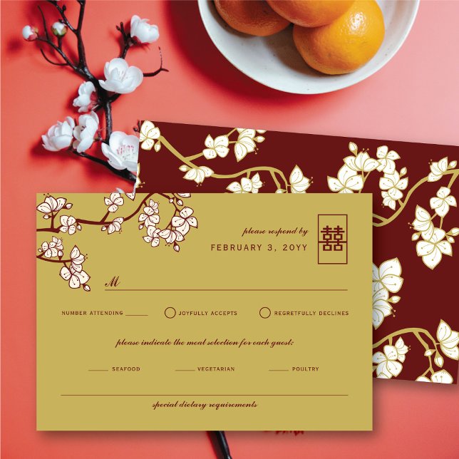 Peach/Plum Blossoms Red Double Happiness Wedding RSVP Card (Peach/Plum Blossoms Red Double Happiness Wedding RSVP Card @ fatfatin_red_knot)