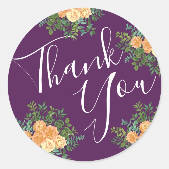 Peach & Plum Purple Peony & Rose Floral Wedding Classic Round Sticker (Front)