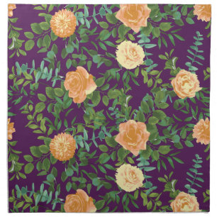 Peach & Plum Purple Peony & Rose Floral Wedding Cloth Napkin