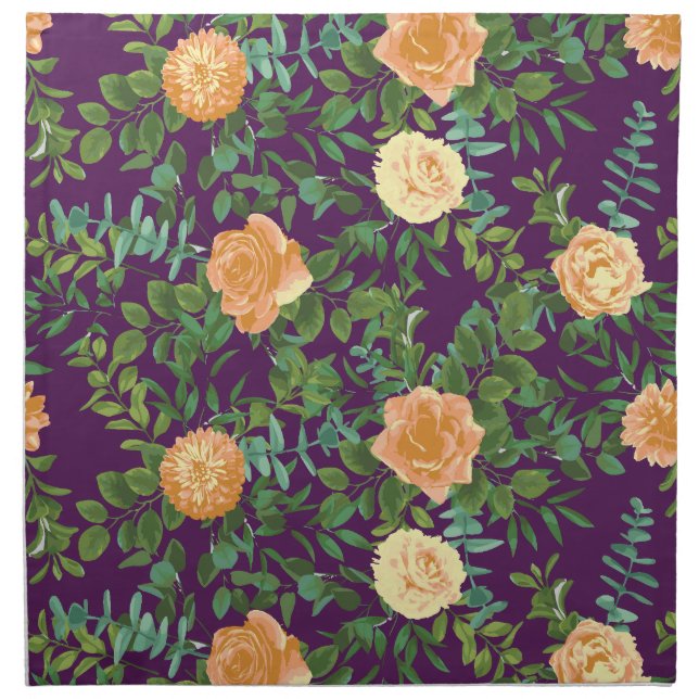 Peach & Plum Purple Peony & Rose Floral Wedding Cloth Napkin (Front)