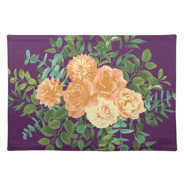 Peach & Plum Purple Peony & Rose Floral Wedding Cloth Placemat (Front)