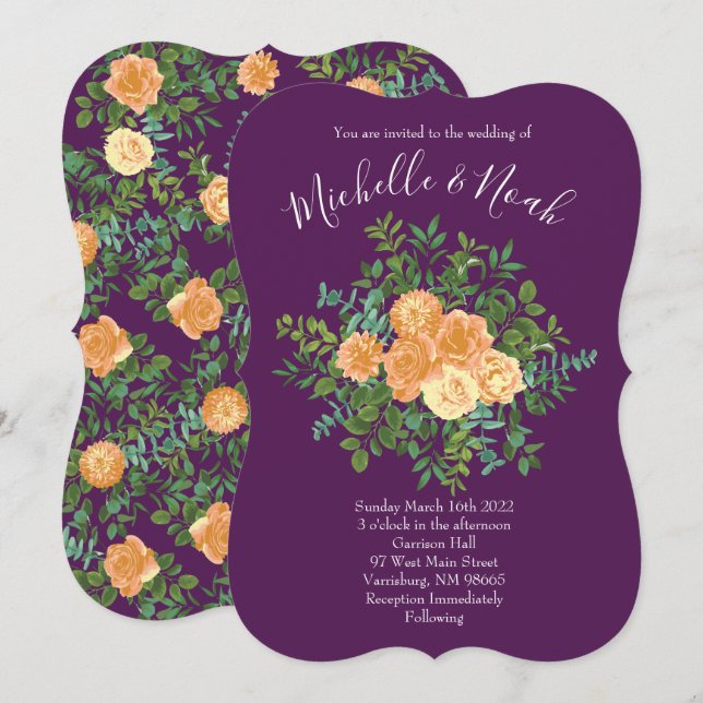 Peach & Plum Purple Peony & Rose Floral Wedding Invitation (Front/Back)