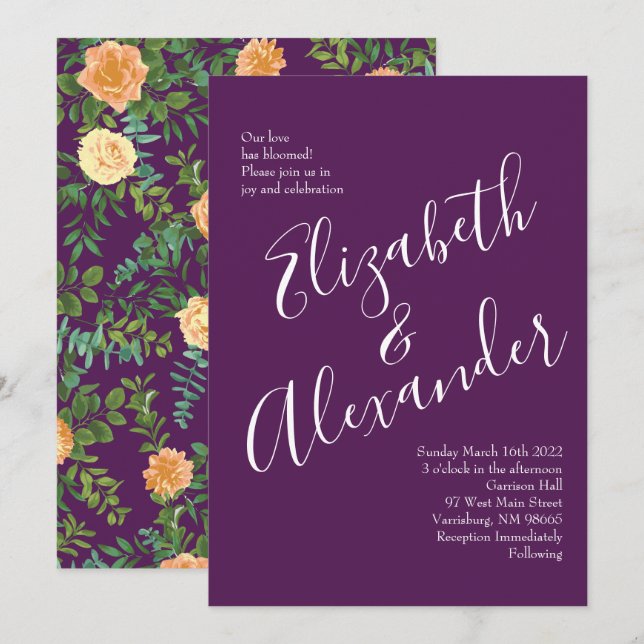 Peach & Plum Purple Peony & Rose Floral Wedding Invitation (Front/Back)