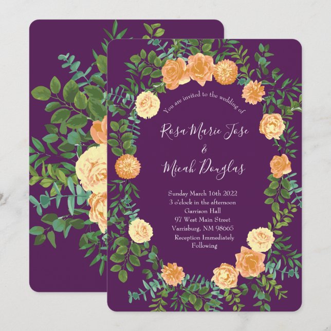 Peach & Plum Purple Peony & Rose Floral Wedding Invitation (Front/Back)