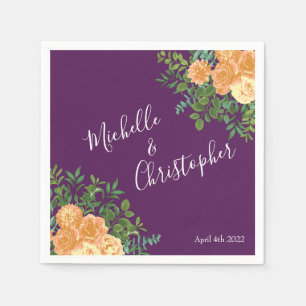 Peach & Plum Purple Peony & Rose Floral Wedding Napkins