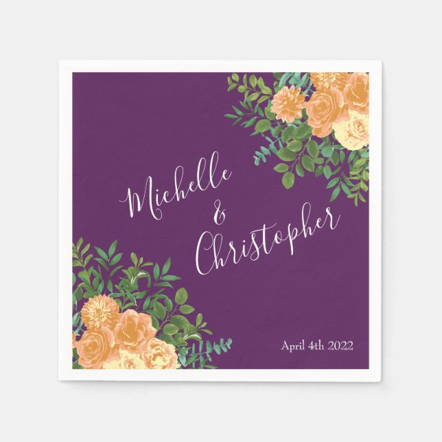 Peach & Plum Purple Peony & Rose Floral Wedding Napkins (Front)