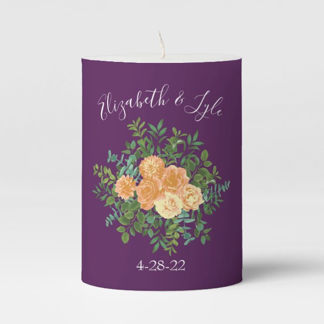 Peach Plum Purple Peony & Rose Floral Wedding Pillar Candle (Front)