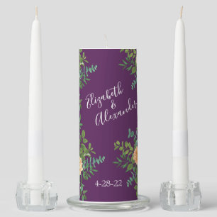 Peach & Plum Purple Peony & Rose Floral Wedding Unity Candle Set