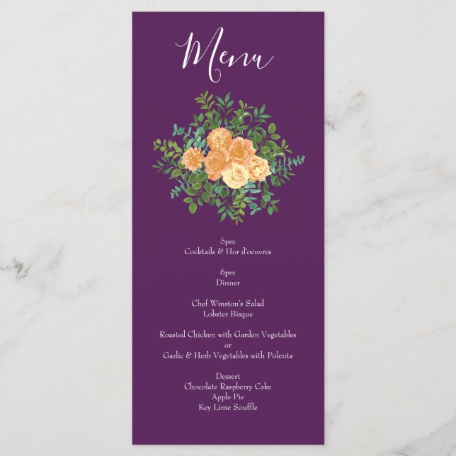 Peach Plum Purple Peony Rose Wedding Menu (Front)