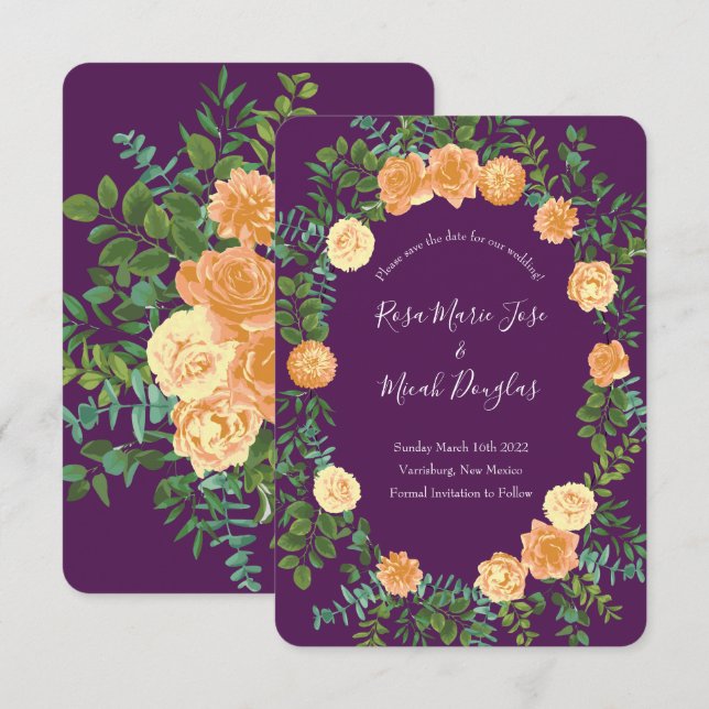 Peach Plum Purple Peony Rose Wedding Save Date Invitation (Front/Back)