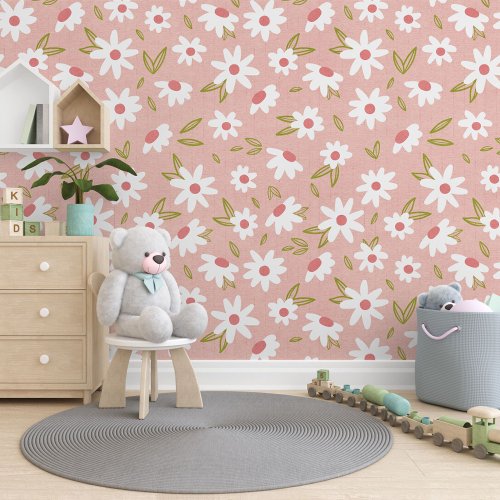 Peach Plush Pink Green White Flowers Art Pattern Wallpaper