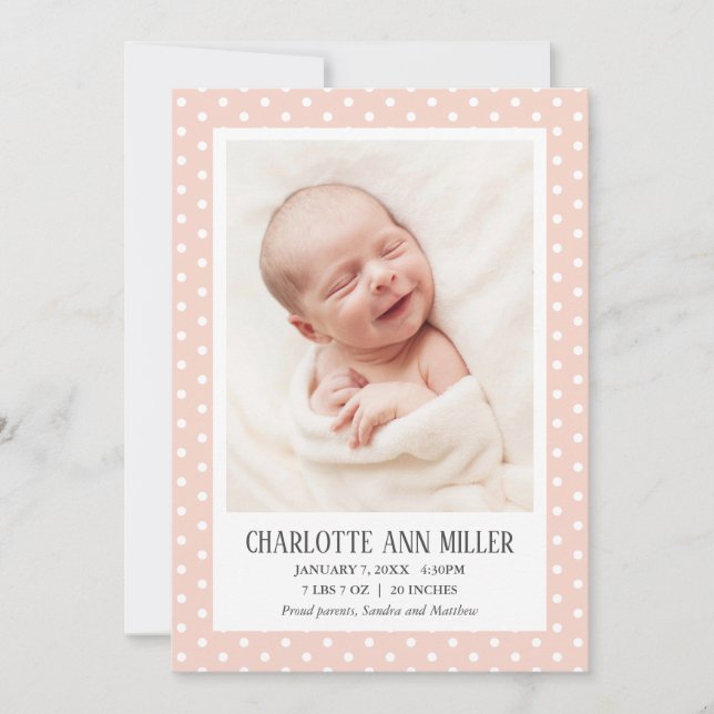 Peach Polka Dot Baby Birth Announcement Photo Card (Front)