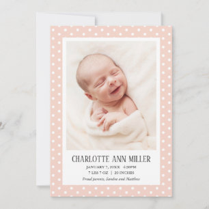 Peach Polka Dot Baby Birth Announcement Photo Card