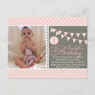 Peach Polka Dot Bunting First Birthday Invite