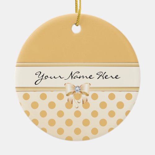 Peach Polka Dot  Faux Diamond Bow Ceramic Ornament