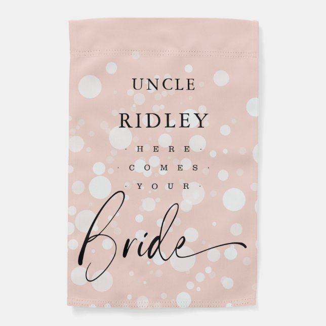 Peach Polka Dot Wedding Here Comes the Bride Garden Flag (Front)