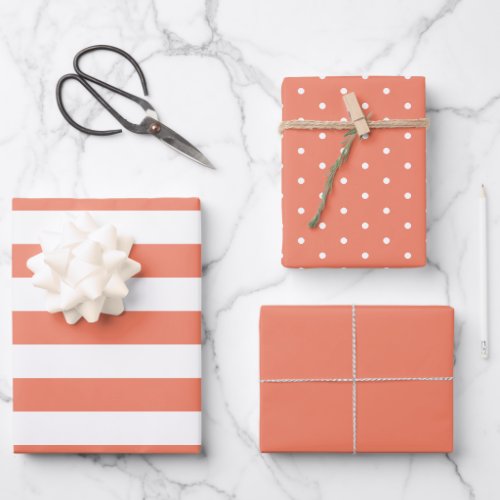 Peach Polka Dot Wide Striped and Solid Wra Wrapping Paper Sheets