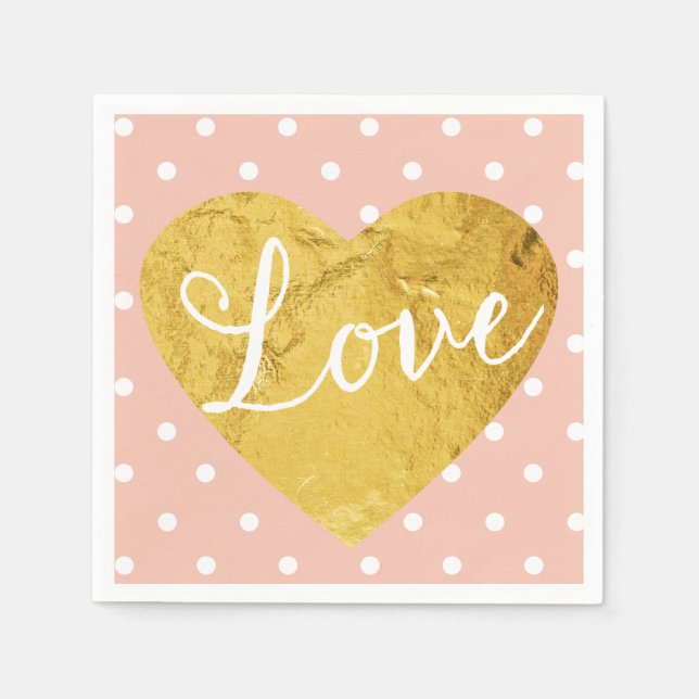 Peach Polka Dots Fake Gold Love Heart Cute Girly Paper Napkins (Front)