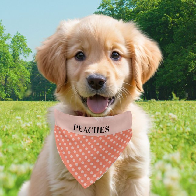 Peach Polka Dots Retro Pattern Cute Dog Pet Bandana Collar (A cute retro bandana for your pet, in peach with polka dot pattern and name in black text)