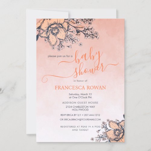 Peach Poppies Baby Shower Invitation