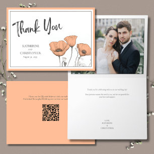 Peach Poppies Floral Elegant Wedding Photo Letterpress Thank You Card