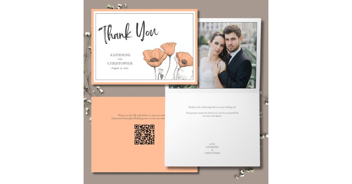 Peach Poppies Floral Elegant Wedding Photo Thank You Card | Zazzle