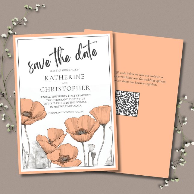 Peach Poppies Floral Modern Elegant Wedding Save The Date (Peach Poppies Elegant Save the Date Card with QR Code for Wedding Website.)