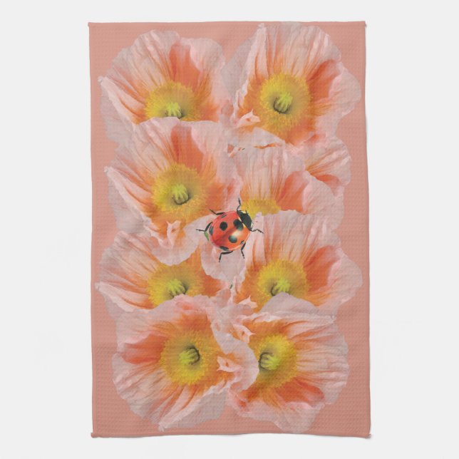 Peach Poppies & Ladybug Kitchen Towel (Vertical)