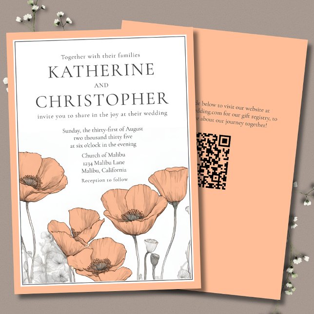 Peach Poppies Modern Elegant Floral Wedding Invitation (Peach Poppies Modern Floral Wedding Invitation with QR Code for Wedding Website.)