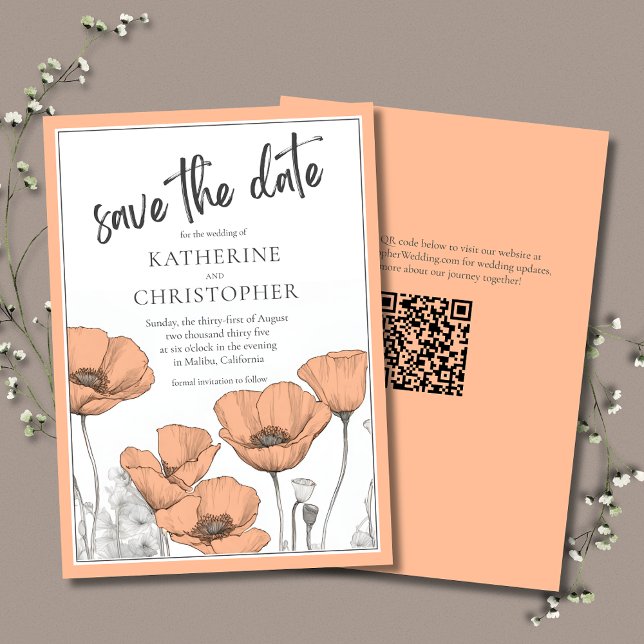 Peach Poppies Modern Elegant Floral Wedding Save The Date (Peach Floral Poppies Save the Date with QR Code coordinates with the Peach Poppies Wedding Suite.
)