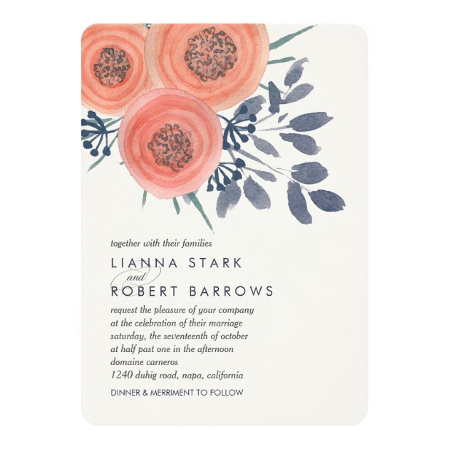 Peach Poppies Modern Floral Wedding Invitation