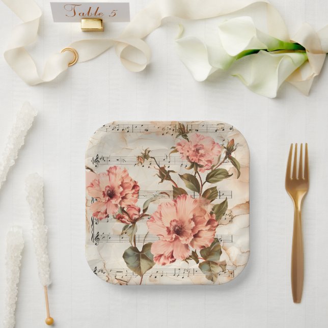 Peach Poppies Music Sheet  Paper Plates (Wedding)