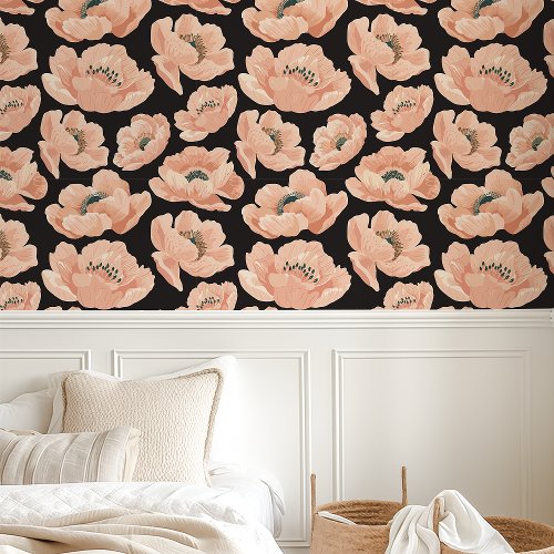 Peach Poppies On Black Elegant Floral Wallpaper