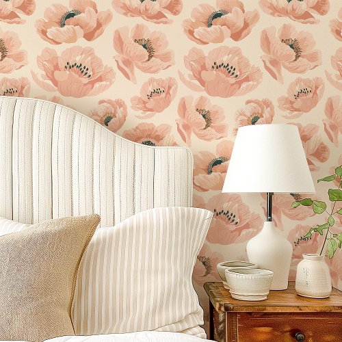 Peach Poppies On Cream Elegant Floral Wallpaper